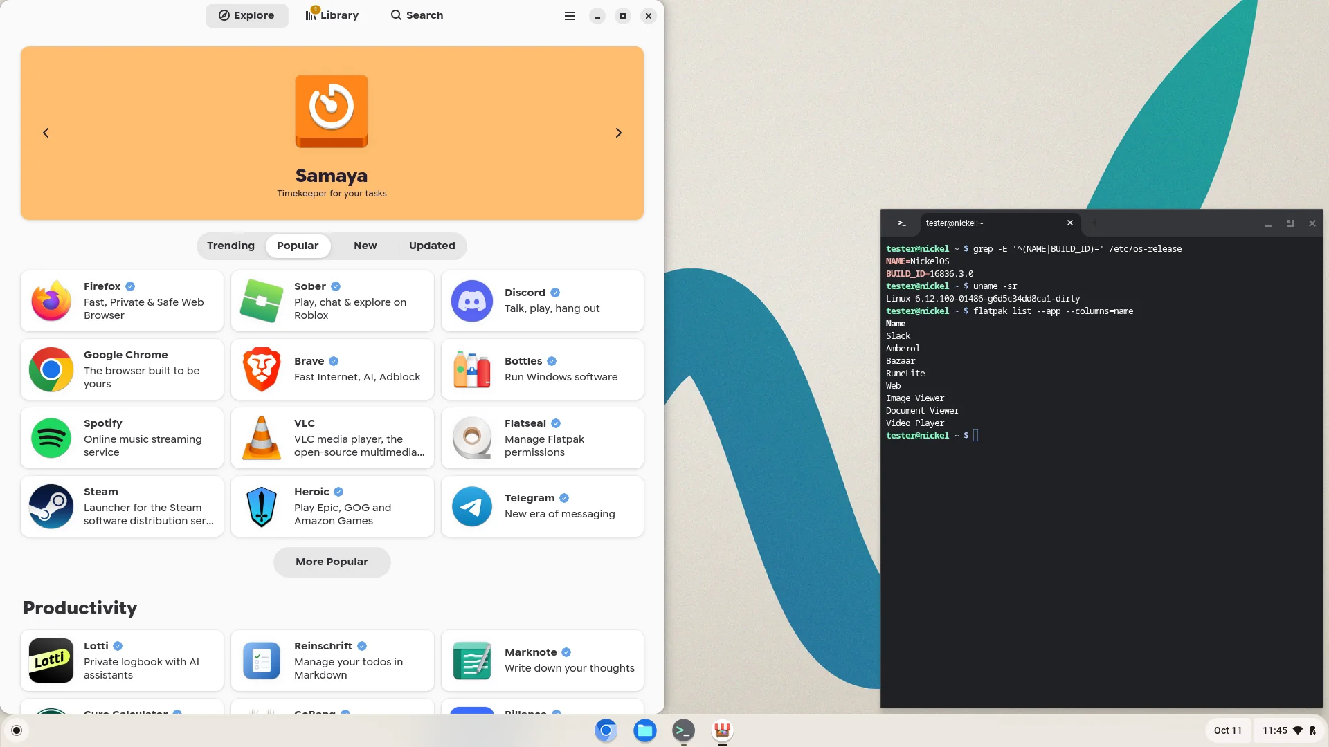 The NickelOS desktop: Bazaar, the Flatpak app store, on the left, showing Firefox, Discord, Steam and VLC; a terminal on the right listing the installed Flatpak apps; the shelf at the bottom.