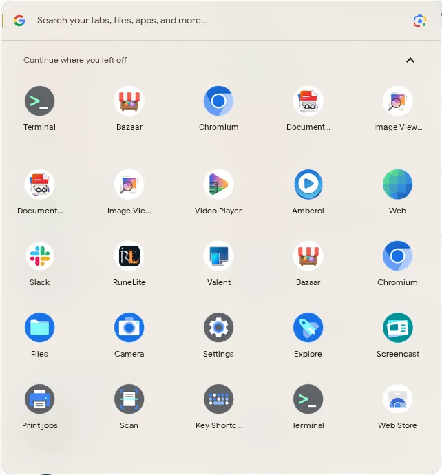 The ChromeOS launcher listing Slack, RuneLite, Amberol, GNOME Web, Image Viewer and Video Player next to Files, Camera and Settings.