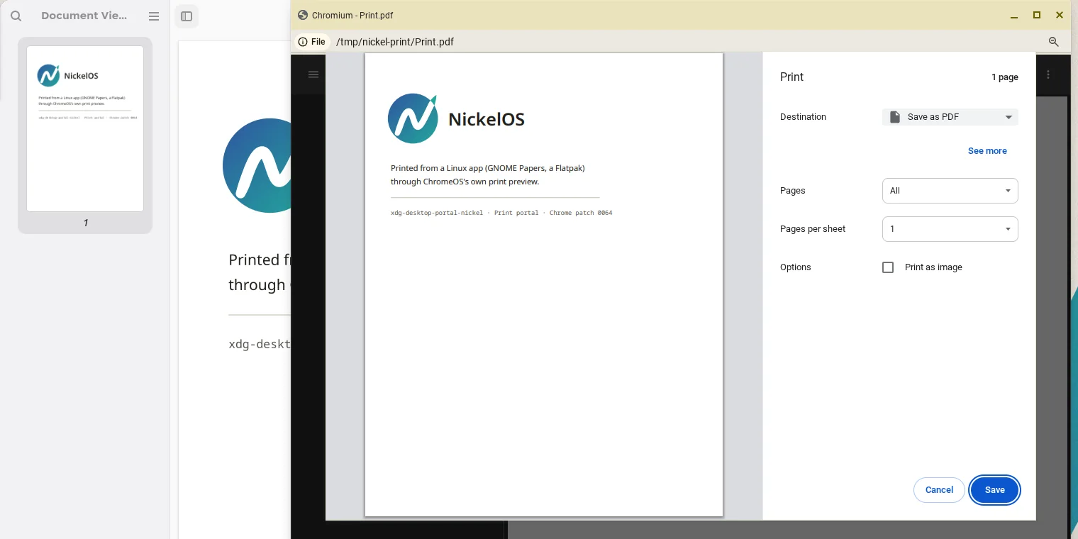 GNOME Papers, a Flatpak PDF viewer, on the left; ChromeOS's print preview over the document on the right, with Save as PDF selected.